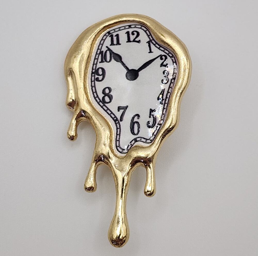 Dali Inspired Dripping Clock Brooch Black Numerals Gold Tone Metal